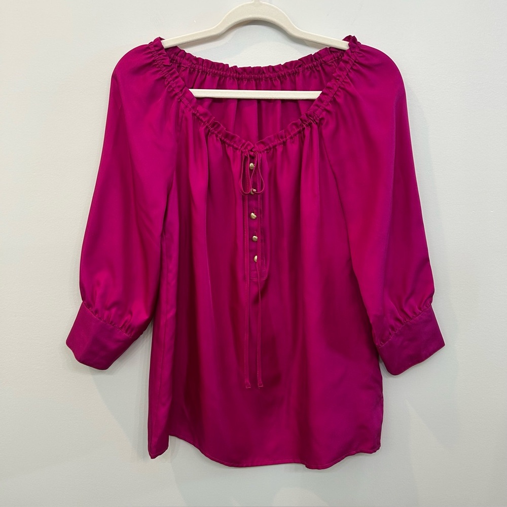 JUICY COUTURE Fushia Pink Silk Peasant Style Blouse Gold Apple Buttons Size 4